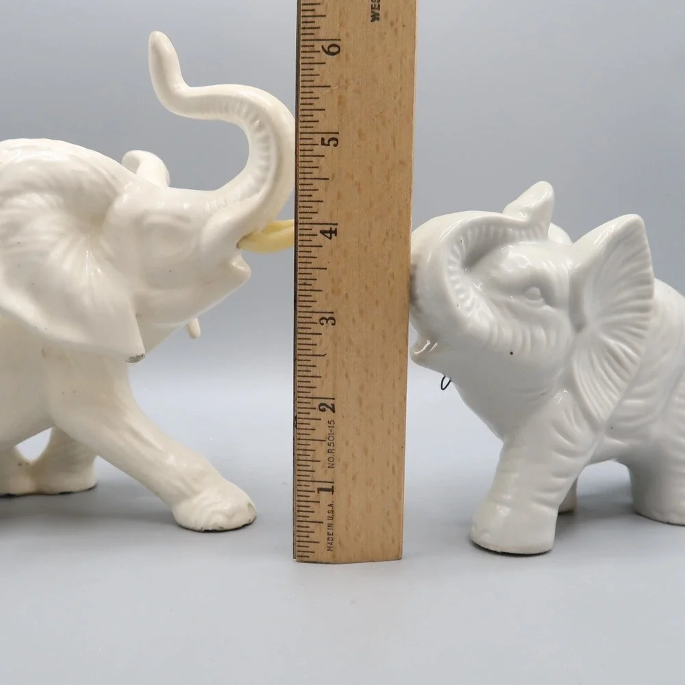 2 White Ceramic Elephant Figurine Trunk Up‎ Tusks 6in & 4in Lot of 2 set